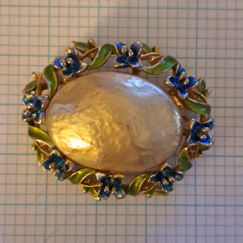 Vintage Floral Enamel Brooch with Large Iridescent Center